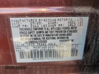 2020 Nissan Sentra SV with VIN 3N1AB8CV4LY293905, listed as a Copart auction lot 54066715 with Not Provided miles and Clean Title. Bid and sale history available at DreamBid. Image 13.