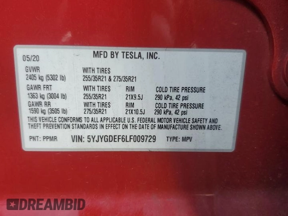 2020 Tesla Model Y Long Range with VIN 5YJYGDEF6LF009729, listed as a Copart auction lot 43817095 with Not Provided miles and Salvage Title. Bid and sale history available at DreamBid. Image 12.