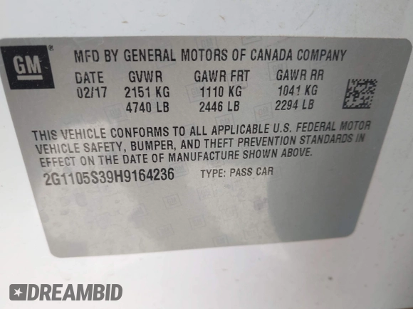 2017 Chevrolet Impala LT with VIN 2G1105S39H9164236, listed as a IAAI auction lot 42001427 with 150,937 mi miles and . Bid and sale history available at DreamBid. Image 8.