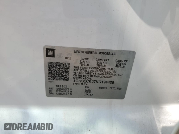 2019 GMC Yukon Denali with VIN 1GKS1CKJ7KR194428, listed as a Copart auction lot 71191064 with 56,409 mi miles and Salvage Title. Bid and sale history available at carsss.com. Image 14.
