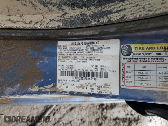 2010 Ford Fusion SPORT with VIN 3FAHP0DC5AR165990, listed as a Copart auction lot 46811185 with 0 mi miles and Salvage Title. Bid and sale history available at carsss.com. Image 13.