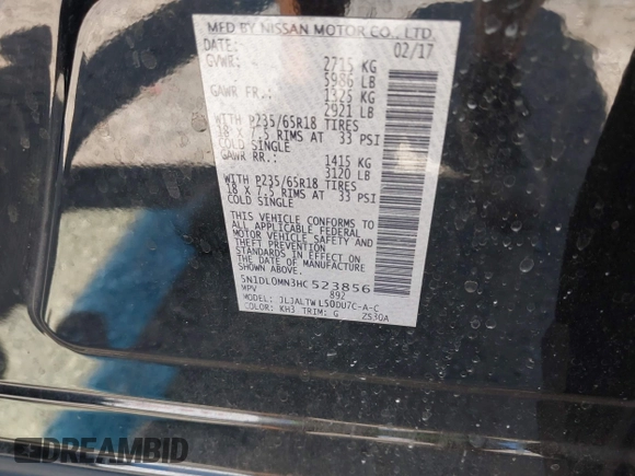 2017 Infiniti QX60 with VIN 5N1DL0MN3HC523856, listed as a IAAI auction lot 42036846 with 218,278 mi miles. Bid and sale history available at carsss.com. Image 9.