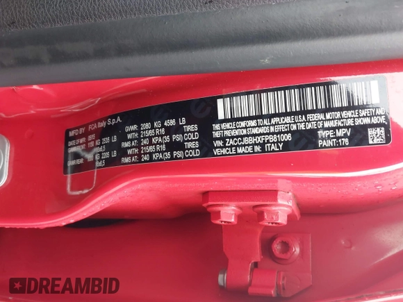 2015 Jeep Renegade Latitude with VIN ZACCJBBHXFPB81006, listed as a IAAI auction lot 41819915 with 74,000 mi miles. Bid and sale history available at carsss.com. Image 9.