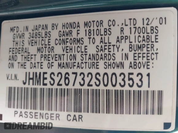 2002 Honda Civic EX with VIN JHMES26732S003531, listed as a IAAI auction lot 42109661 with 278,266 mi miles and . Bid and sale history available at DreamBid. Image 9.
