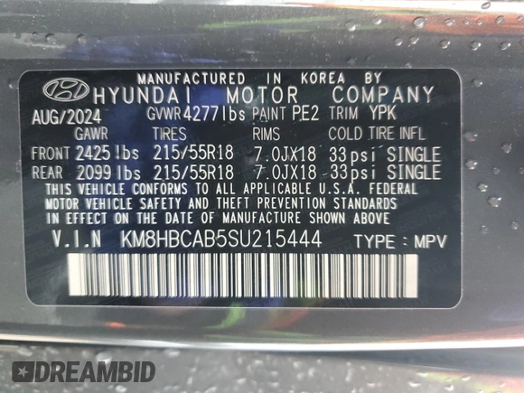 2025 Hyundai Kona SEL with VIN KM8HBCAB5SU215444, listed as a Copart auction lot 54619815 with 13,095 mi miles and Clean Title. Bid and sale history available at carsss.com. Image 13.