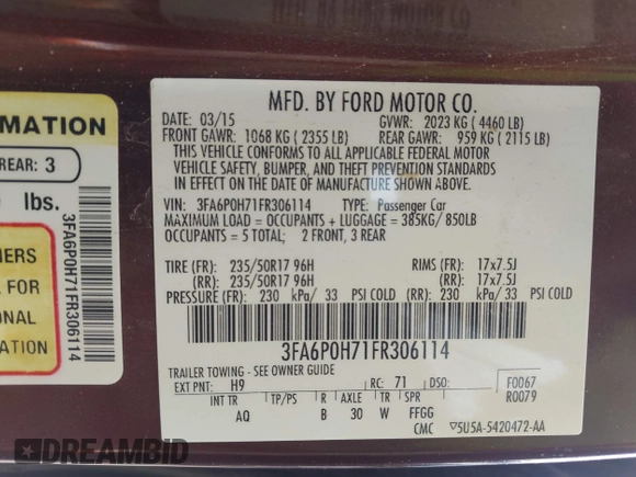 2015 Ford Fusion SE with VIN 3FA6P0H71FR306114, listed as a IAAI auction lot 41880822 with 173,803 mi miles and . Bid and sale history available at DreamBid. Image 9.