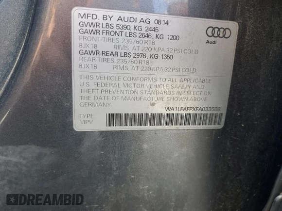 2015 Audi Q5 Premium Plus with VIN WA1LFAFPXFA033588, listed as a Copart auction lot 57030365 with 88,457 mi miles and Salvage title. Bid and sale history available at DreamBid. Image 14.