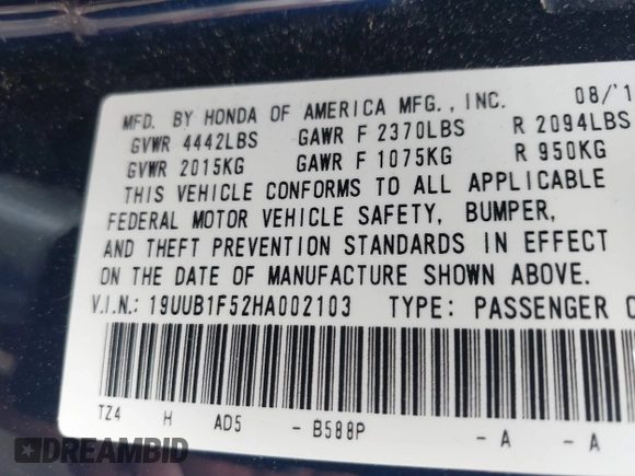 2017 Acura TLX Technology with VIN 19UUB1F52HA002103, listed as a IAAI auction lot 42363613 with 59,634 mi miles and . Bid and sale history available at DreamBid. Image 9.