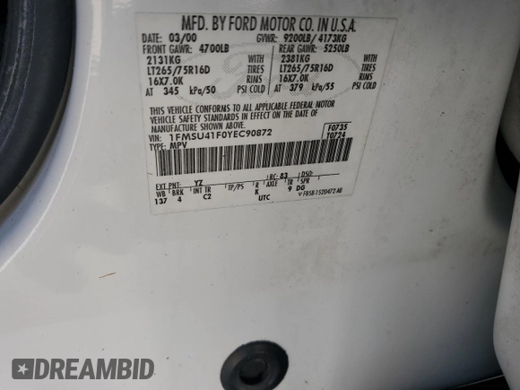 2000 Ford Excursion XLT z VIN 1FMSU41F0YEC90872, wystawiony jako Copart lot #77243644 z przebiegiem 90 302 mil mil oraz Szkoda całkowita • Salvage title. Historia ofert i sprzedaży dostępna na DreamBid. Obrazek 13.