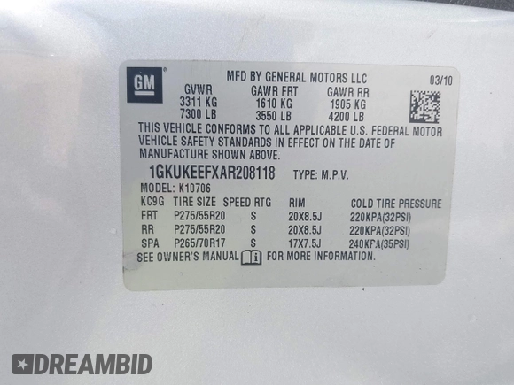 2010 GMC Yukon Denali z VIN 1GKUKEEFXAR208118, wystawiony jako IAAI lot #41618086 z przebiegiem 190 851 mil mil oraz . Historia ofert i sprzedaży dostępna na DreamBid. Obrazek 9.