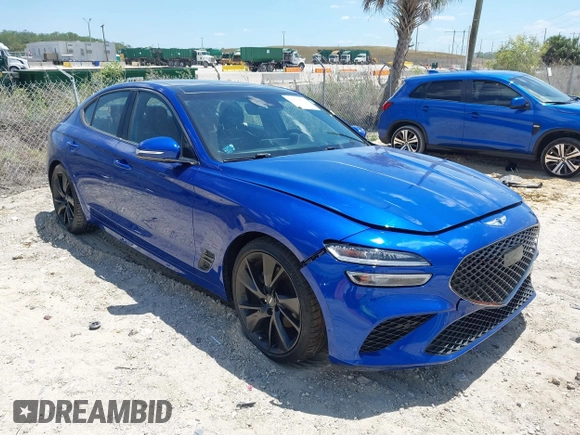 2023 Genesis G70 2.0T with VIN KMTG34TA1PU111825, listed as a IAAI auction lot 42030503 with 1 mi miles. Bid and sale history available at carsss.com. Image 1.
