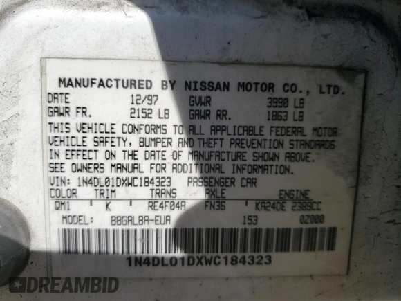 1998 Nissan Altima XE with VIN 1N4DL01DXWC184323, listed as a Copart auction lot 44202755 with 179,478 mi miles and Salvage Title. Bid and sale history available at carsss.com. Image 12.