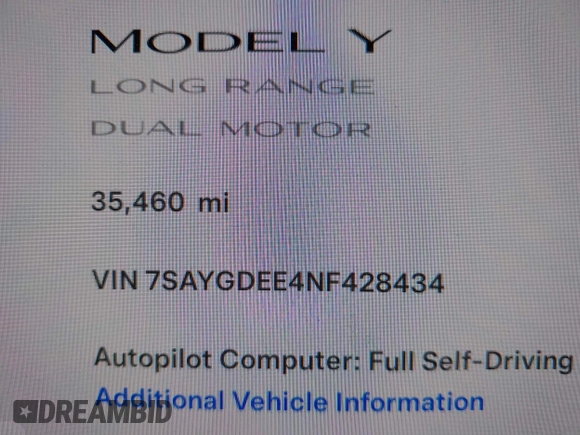 2022 Tesla Model Y Long Range with VIN 7SAYGDEE4NF428434, listed as a IAAI auction lot 41578503 with 35,460 mi miles and . Bid and sale history available at DreamBid. Image 9.