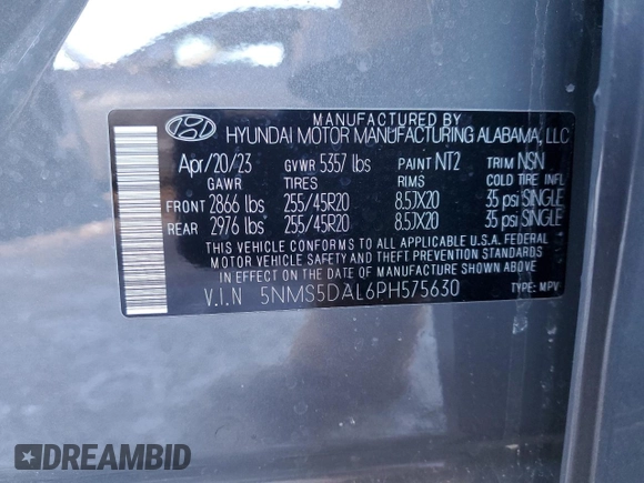 2023 Hyundai Santa Fe Calligraphy with VIN 5NMS5DAL6PH575630, listed as a Copart auction lot 44558445 with 33,897 mi miles and Salvage Title. Bid and sale history available at carsss.com. Image 13.
