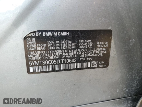 2020 BMW X3 M with VIN 5YMTS0C05LLT10643, listed as a Copart auction lot 62276834 with 39,860 mi miles and Salvage title. Bid and sale history available at DreamBid. Image 15.