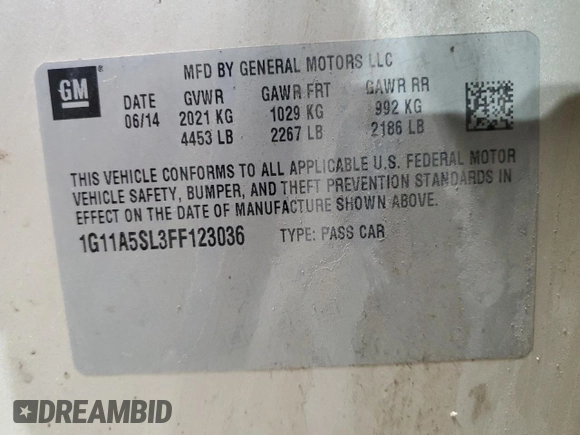 2015 Chevrolet Malibu LS with VIN 1G11A5SL3FF123036, listed as a Copart auction lot 54309675 with 142,905 mi miles and Salvage Title. Bid and sale history available at DreamBid. Image 12.