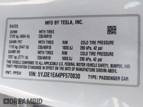 2023 Tesla Model 3 с VIN 5YJ3E1EA4PF570830, выставлен на аукционе IAAI как лот 41947821 с пробегом 52 550 миль миль и . История ставок и продаж доступна на DreamBid. Изображение 9.
