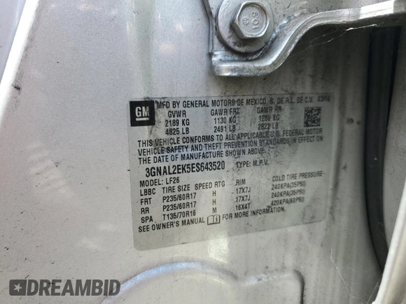 2014 Chevrolet Captiva Sport LS z VIN 3GNAL2EK5ES643520, wystawiony jako Copart lot #55471695 z przebiegiem 86 302 mil mil oraz Szkoda całkowita • Salvage title. Historia ofert i sprzedaży dostępna na DreamBid. Obrazek 12.