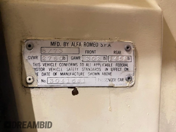 1973 Alfa Romeo Spider z VIN AR3041681, wystawiony jako Copart lot #53616295 z przebiegiem 20 513 mil mil oraz Czysty tytuł • Clean title. Historia ofert i sprzedaży dostępna na DreamBid. Obrazek 10.