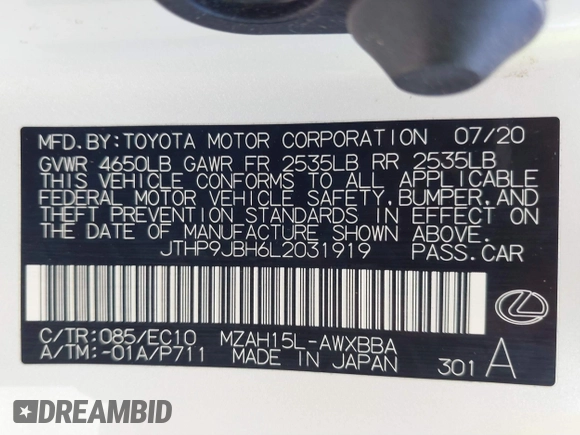 2020 Lexus UX with VIN JTHP9JBH6L2031919, listed as a IAAI auction lot 41816968 with 57,848 mi miles. Bid and sale history available at carsss.com. Image 9.