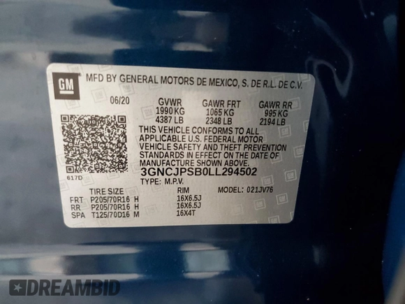 2020 Chevrolet Trax LT with VIN 3GNCJPSB0LL294502, listed as a Copart auction lot 64955145 with 31,947 mi miles and Salvage title. Bid and sale history available at DreamBid. Image 14.