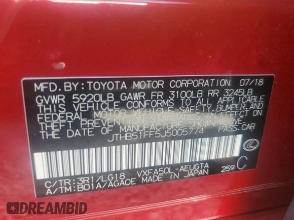 2018 Lexus LS 500 with VIN JTHB51FF5J5005774, listed as a Copart auction lot 74082444 with Not provided miles and Salvage title. Bid and sale history available at DreamBid. Image 13.