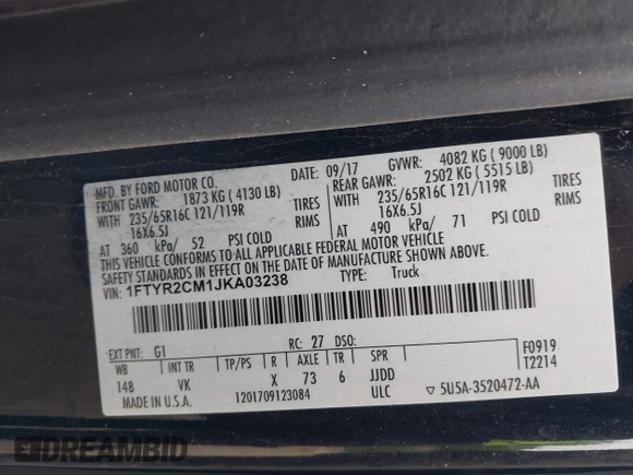 2018 Ford Transit with VIN 1FTYR2CM1JKA03238, listed as a IAAI auction lot 42427850 with Not provided miles and . Bid and sale history available at DreamBid. Image 9.
