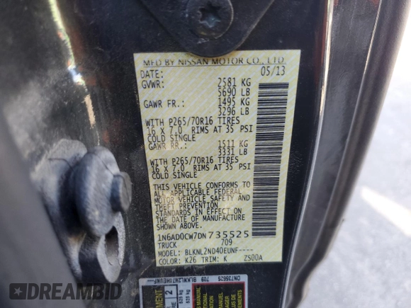 2013 Nissan Frontier SV with VIN 1N6AD0CW7DN735525, listed as a Copart auction lot 79176334 with Not provided miles and Salvage title. Bid and sale history available at DreamBid. Image 13.