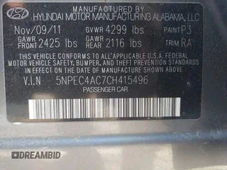 2012 Hyundai Sonata Limited z VIN 5NPEC4AC7CH415496, wystawiony jako IAAI lot #42550581 z przebiegiem 37 229 mil mil oraz . Historia ofert i sprzedaży dostępna na DreamBid. Obrazek 9.