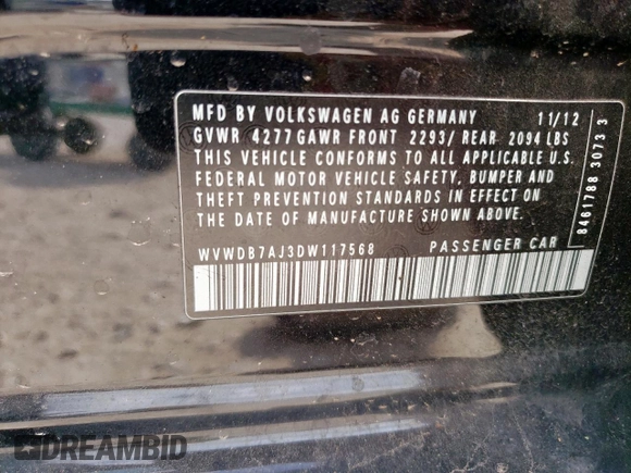 2013 Volkswagen Golf w/Conv & Sunroof z VIN WVWDB7AJ3DW117568, wystawiony jako Copart lot #57638805 z przebiegiem 133 641 mil mil oraz Szkoda całkowita • Salvage title. Historia ofert i sprzedaży dostępna na DreamBid. Obrazek 12.