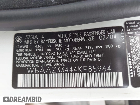2004 BMW 3 Series 325i with VIN WBAAZ33444KP85964, listed as a IAAI auction lot 42024989 with 165,813 mi miles. Bid and sale history available at carsss.com. Image 9.