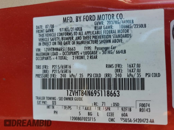 2009 Ford Mustang with VIN 1ZVHT84N695118663, listed as a Copart auction lot 52925015 with 254,413 mi miles and Salvage title. Bid and sale history available at DreamBid. Image 12.