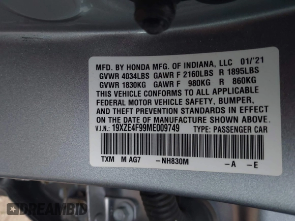 2021 Honda Insight Touring with VIN 19XZE4F99ME009749, listed as a IAAI auction lot 41411868 with 54,808 mi miles and . Bid and sale history available at carsss.com. Image 9.