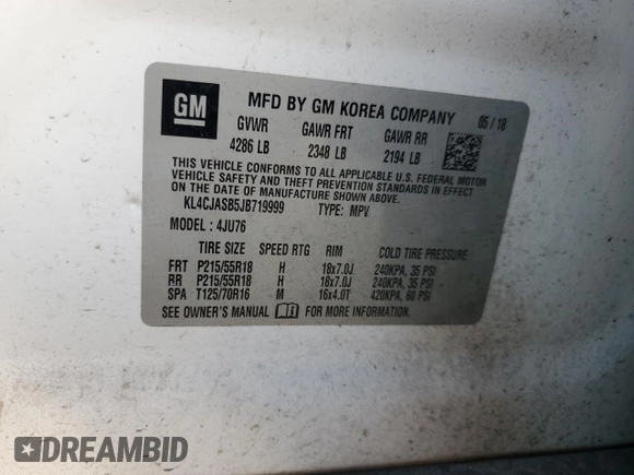 2018 Buick Encore Preferred with VIN KL4CJASB5JB719999, listed as a Copart auction lot 54432925 with Not Provided miles and Salvage Title. Bid and sale history available at carsss.com. Image 13.