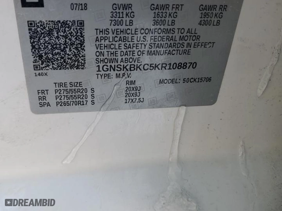 2019 Chevrolet Tahoe LT with VIN 1GNSKBKC5KR108870, listed as a Copart auction lot 45047725 with 126,155 mi miles and Clean Title. Bid and sale history available at carsss.com. Image 15.