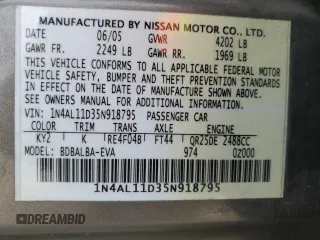 2005 Nissan Altima 2.5 with VIN 1N4AL11D35N918795, listed as a Copart auction lot 50006295 with 93,425 mi miles and Salvage Title. Bid and sale history available at carsss.com. Image 15.