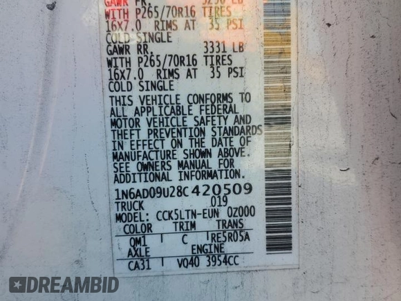 2008 Nissan Frontier SE with VIN 1N6AD09U28C420509, listed as a Copart auction lot 54053585 with 218,970 mi miles and Salvage title. Bid and sale history available at DreamBid. Image 13.