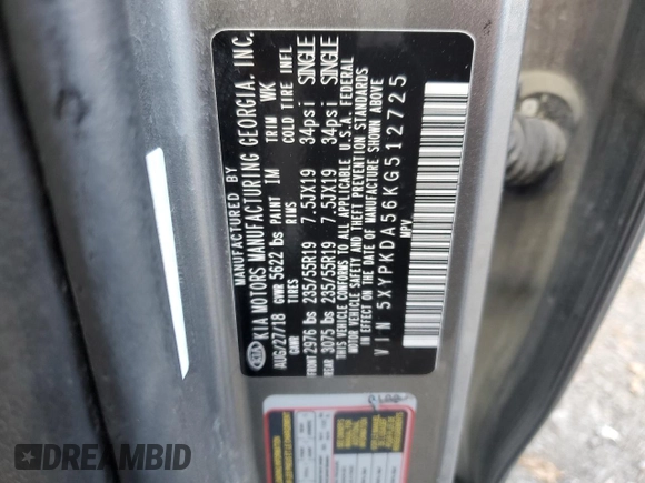2019 Kia Sorento SX Limited with VIN 5XYPKDA56KG512725, listed as a Copart auction lot 72247033 with Not Provided miles and Salvage Title. Bid and sale history available at carsss.com. Image 13.