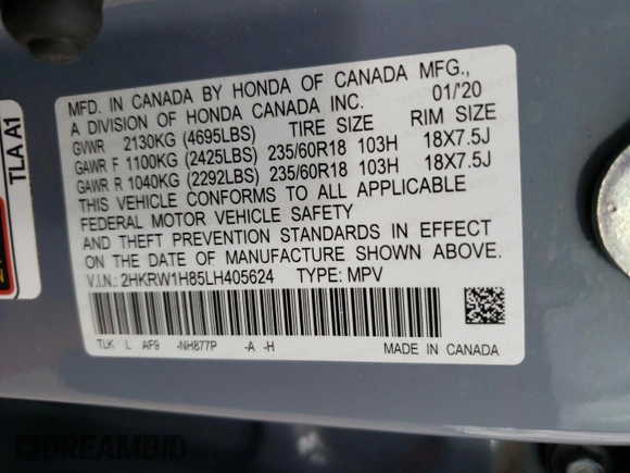 2020 Honda CR-V EX-L with VIN 2HKRW1H85LH405624, listed as a Copart auction lot 49845785 with 57,485 mi miles and Salvage Title. Bid and sale history available at carsss.com. Image 13.