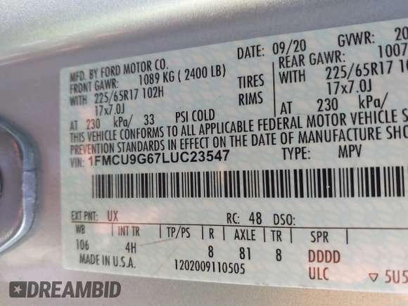 2020 Ford Escape SE with VIN 1FMCU9G67LUC23547, listed as a IAAI auction lot 41070986 with 46,120 mi miles and . Bid and sale history available at DreamBid. Image 9.