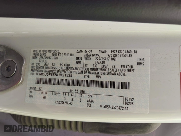 2022 Ford Escape S with VIN 1FMCU0F65NUB21535, listed as a IAAI auction lot 42557434 with 26,898 mi miles and . Bid and sale history available at DreamBid. Image 9.
