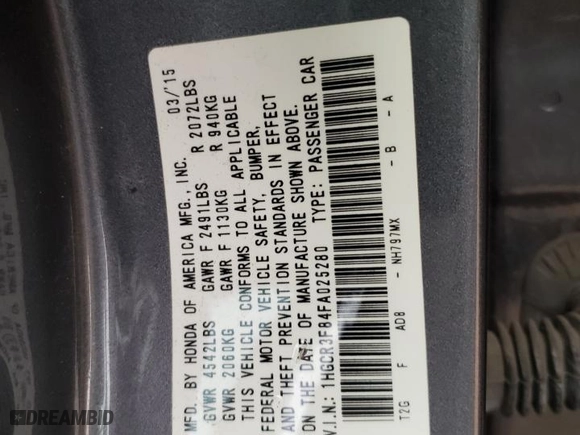 2015 Honda Accord Sedan EX-L with VIN 1HGCR3F84FA025280, listed as a Copart auction lot 52599525 with 121,853 mi miles and Clean Title. Bid and sale history available at carsss.com. Image 12.