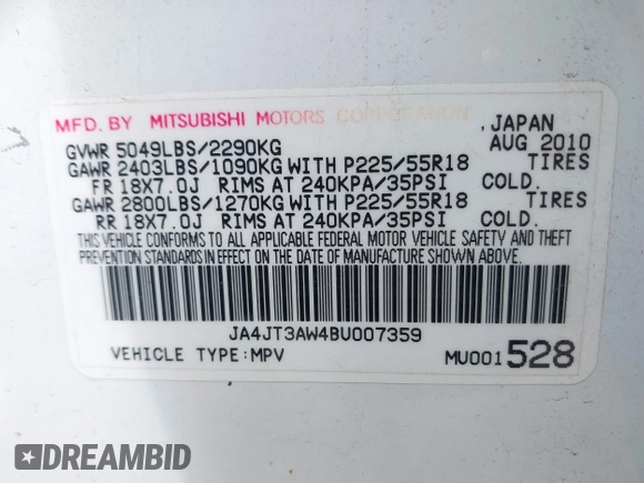 2011 Mitsubishi Outlander SE z VIN JA4JT3AW4BU007359, wystawiony jako IAAI lot #42048256 z przebiegiem 166 805 mil mil oraz . Historia ofert i sprzedaży dostępna na DreamBid. Obrazek 9.
