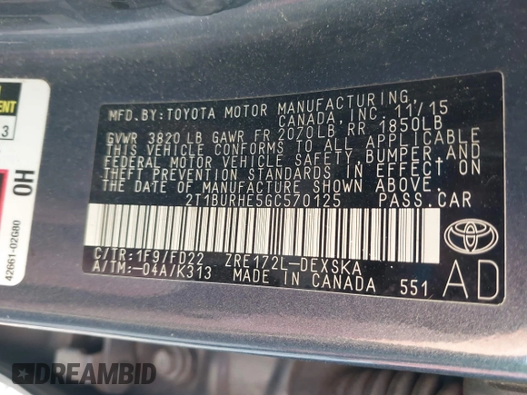 2016 Toyota Corolla L with VIN 2T1BURHE5GC570125, listed as a IAAI auction lot 42593544 with 163,883 mi miles and . Bid and sale history available at DreamBid. Image 9.