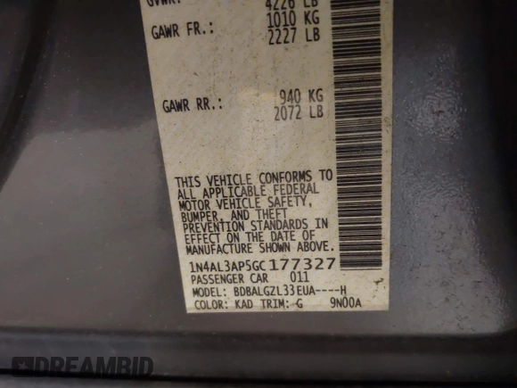 2016 Nissan Altima SV with VIN 1N4AL3AP5GC177327, listed as a IAAI auction lot 41357392 with 114,544 mi miles and . Bid and sale history available at DreamBid. Image 9.