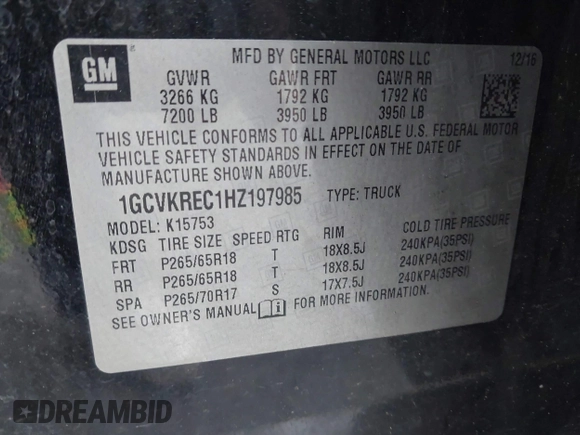 2017 Chevrolet Silverado 1500 LT with VIN 1GCVKREC1HZ197985, listed as a IAAI auction lot 42248714 with 142,123 mi miles and . Bid and sale history available at DreamBid. Image 9.