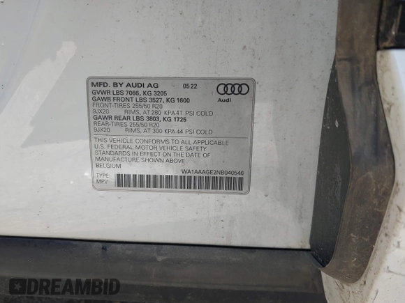 2022 Audi e-tron Premium z VIN WA1AAAGE2NB040546, wystawiony jako IAAI lot #41813053 z przebiegiem 47 002 mil mil oraz . Historia ofert i sprzedaży dostępna na DreamBid. Obrazek 9.