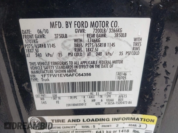 2010 Ford F-150 XL with VIN 1FTFW1EV6AFC64356, listed as a IAAI auction lot 41959894 with 246,154 mi miles and . Bid and sale history available at DreamBid. Image 9.