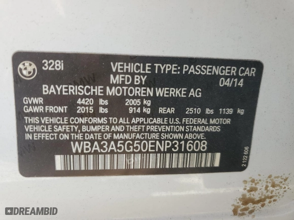2014 BMW 3 Series 328i with VIN WBA3A5G50ENP31608, listed as a Copart auction lot 49629465 with 44,056 mi miles and Salvage Title. Bid and sale history available at carsss.com. Image 14.