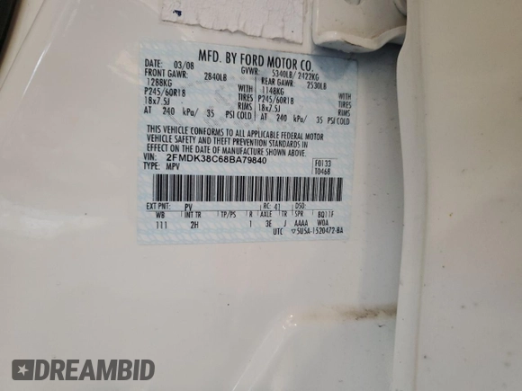 2008 Ford Edge SEL z VIN 2FMDK38C68BA79840, wystawiony jako Copart lot #56839325 z przebiegiem 179 453 mil mil oraz Nie do naprawy • Non repairable. Historia ofert i sprzedaży dostępna na DreamBid. Obrazek 13.